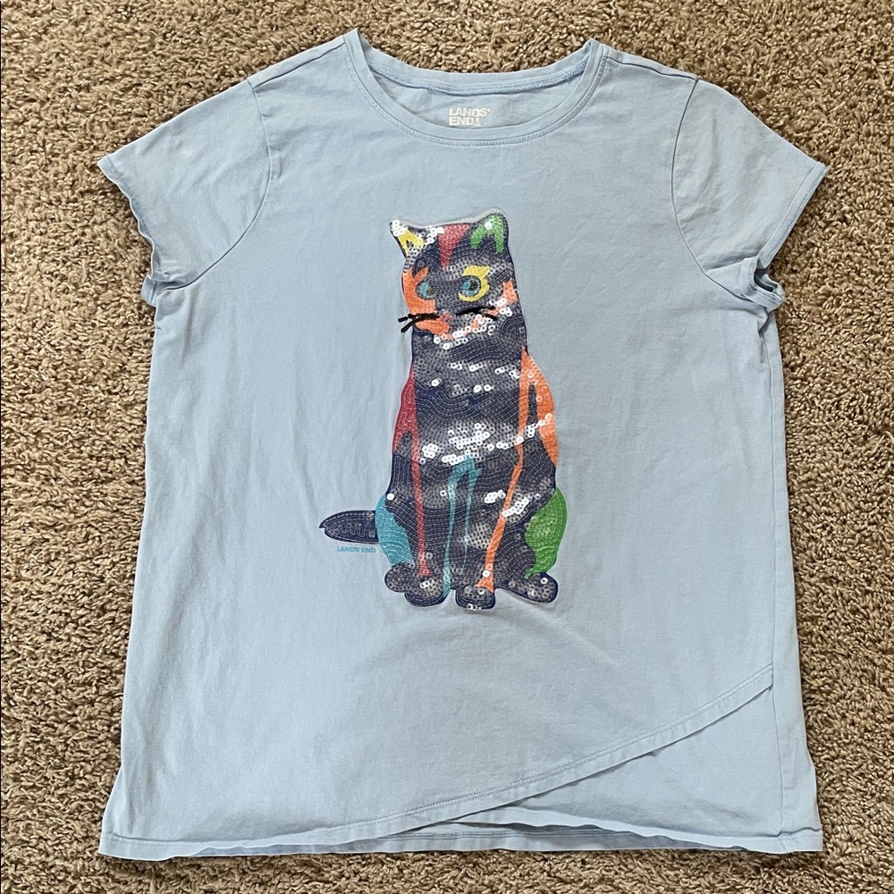 Lands End girls short sleeve light blue  t-shirt w/ sequin cat XL 14/16